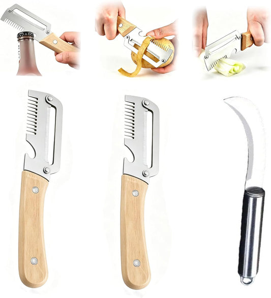 Premium Vegetable Peeler with Wooden Handle and Bottle Openerand Fish-Scaler Bring a Paring Machete,3in1 Ultra-Sharp Stainless Steel Kitchen knife Tool for Fruit Apple Potato Pumpkin Papaya(3PCS)