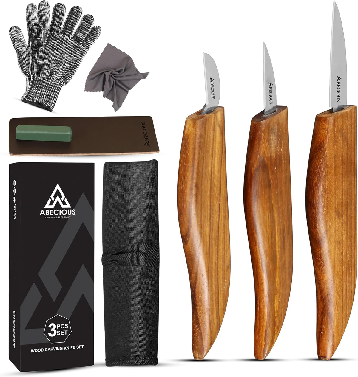 Premium Wood Carving Knife - Wood Whittling Kit Includes Detail Chip Knife Sloyd Whittling Knives, Leather Strop, Polishing Compound & Cut Resistant Gloves for Wood Carving, Rust-Free Steel