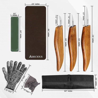 Premium Wood Carving Knife - Wood Whittling Kit Includes Detail Chip Knife Sloyd Whittling Knives, Leather Strop, Polishing Compound & Cut Resistant Gloves for Wood Carving, Rust-Free Steel