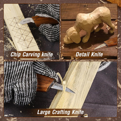 Premium Wood Carving Knife - Wood Whittling Kit Includes Detail Chip Knife Sloyd Whittling Knives, Leather Strop, Polishing Compound & Cut Resistant Gloves for Wood Carving, Rust-Free Steel