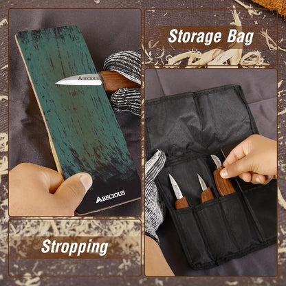 Premium Wood Carving Knife - Wood Whittling Kit Includes Detail Chip Knife Sloyd Whittling Knives, Leather Strop, Polishing Compound & Cut Resistant Gloves for Wood Carving, Rust-Free Steel