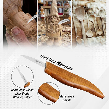 Premium Wood Carving Knife - Wood Whittling Kit Includes Detail Chip Knife Sloyd Whittling Knives, Leather Strop, Polishing Compound & Cut Resistant Gloves for Wood Carving, Rust-Free Steel