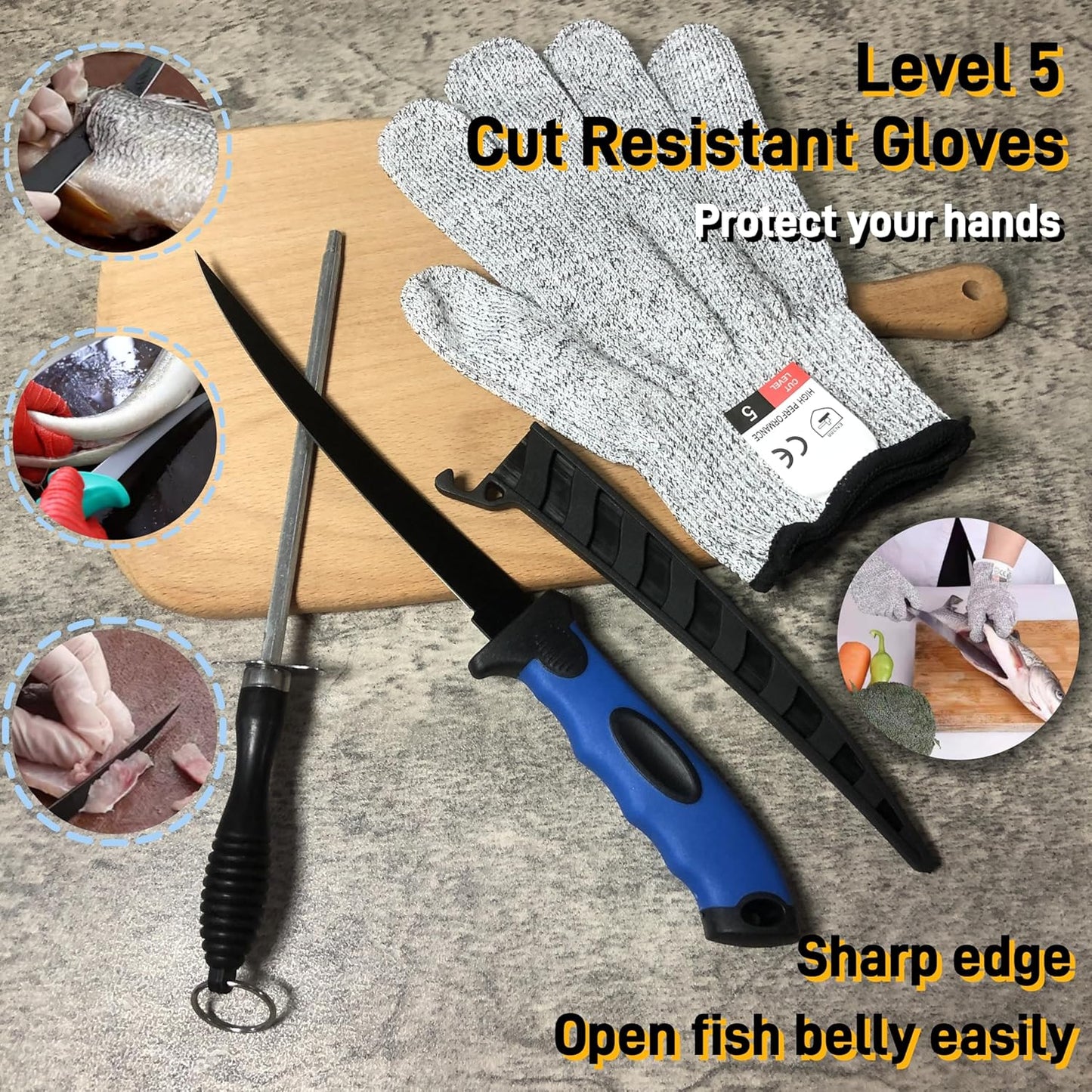 Fishing Knife Set, Fish Cleaning Kit, Filet Knife for Fish, Fish Scale Cleaning Brush, Multi-Functional Scissors, Gloves, Fishbone Tweezers, Storage Bag,Fishing Accessories,Fishing Tool Kit