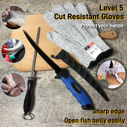 Fishing Knife Set, Fish Cleaning Kit, Filet Knife for Fish, Fish Scale Cleaning Brush, Multi-Functional Scissors, Gloves, Fishbone Tweezers, Storage Bag,Fishing Accessories,Fishing Tool Kit