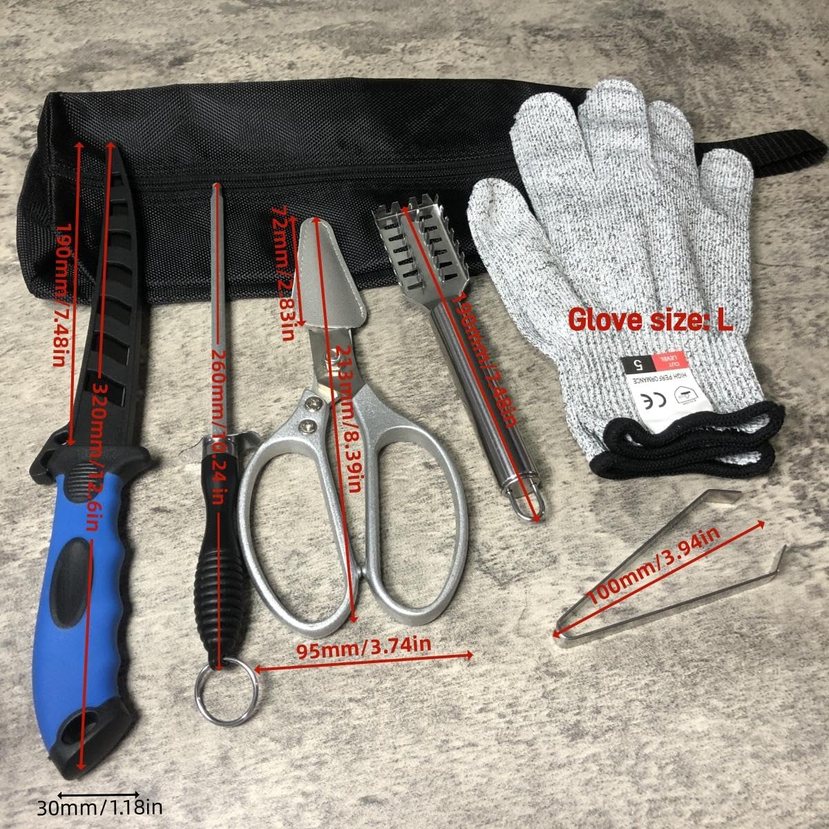 Fishing Knife Set, Fish Cleaning Kit, Filet Knife for Fish, Fish Scale Cleaning Brush, Multi-Functional Scissors, Gloves, Fishbone Tweezers, Storage Bag,Fishing Accessories,Fishing Tool Kit