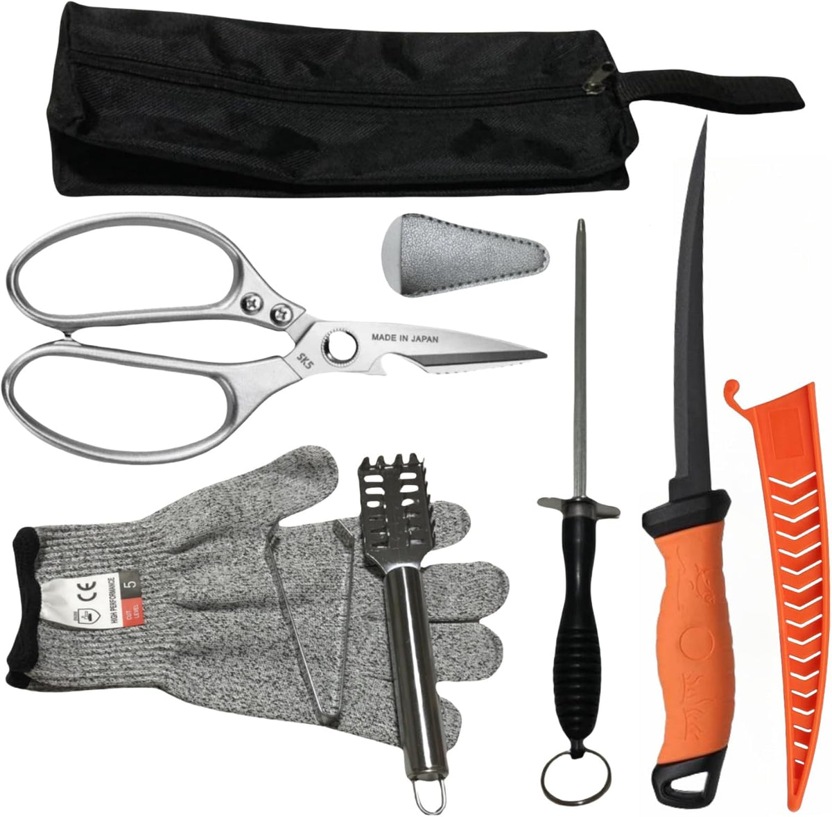 Fishing Knife Set, Fish Cleaning Kit, Filet Knife for Fish, Fish Scale Cleaning Brush, Multi-Functional Scissors, Gloves, Fishbone Tweezers, Storage Bag,Fishing Accessories,Fishing Tool Kit