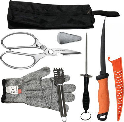 Fishing Knife Set, Fish Cleaning Kit, Filet Knife for Fish, Fish Scale Cleaning Brush, Multi-Functional Scissors, Gloves, Fishbone Tweezers, Storage Bag,Fishing Accessories,Fishing Tool Kit
