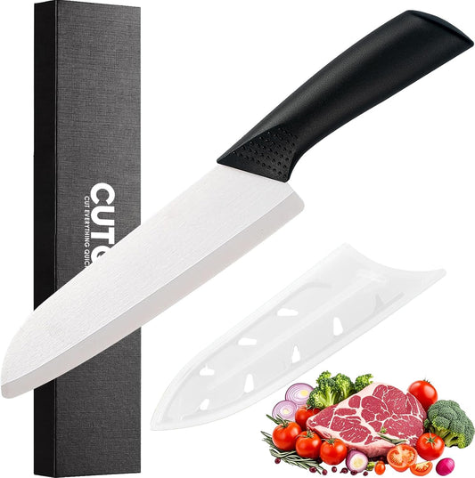7" Japanese Ceramic Knife with Cover for Veges Fruit Proteins | Dishwasher Safe Light Precise Sharp Ceramic Knife, Multipurpose Kitchen Chef's Santoku Knife, Soft Grip, Metal-free
