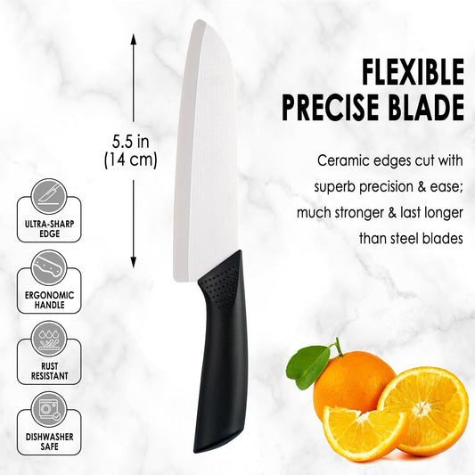 7" Japanese Ceramic Knife with Cover for Veges Fruit Proteins | Dishwasher Safe Light Precise Sharp Ceramic Knife, Multipurpose Kitchen Chef's Santoku Knife, Soft Grip, Metal-free