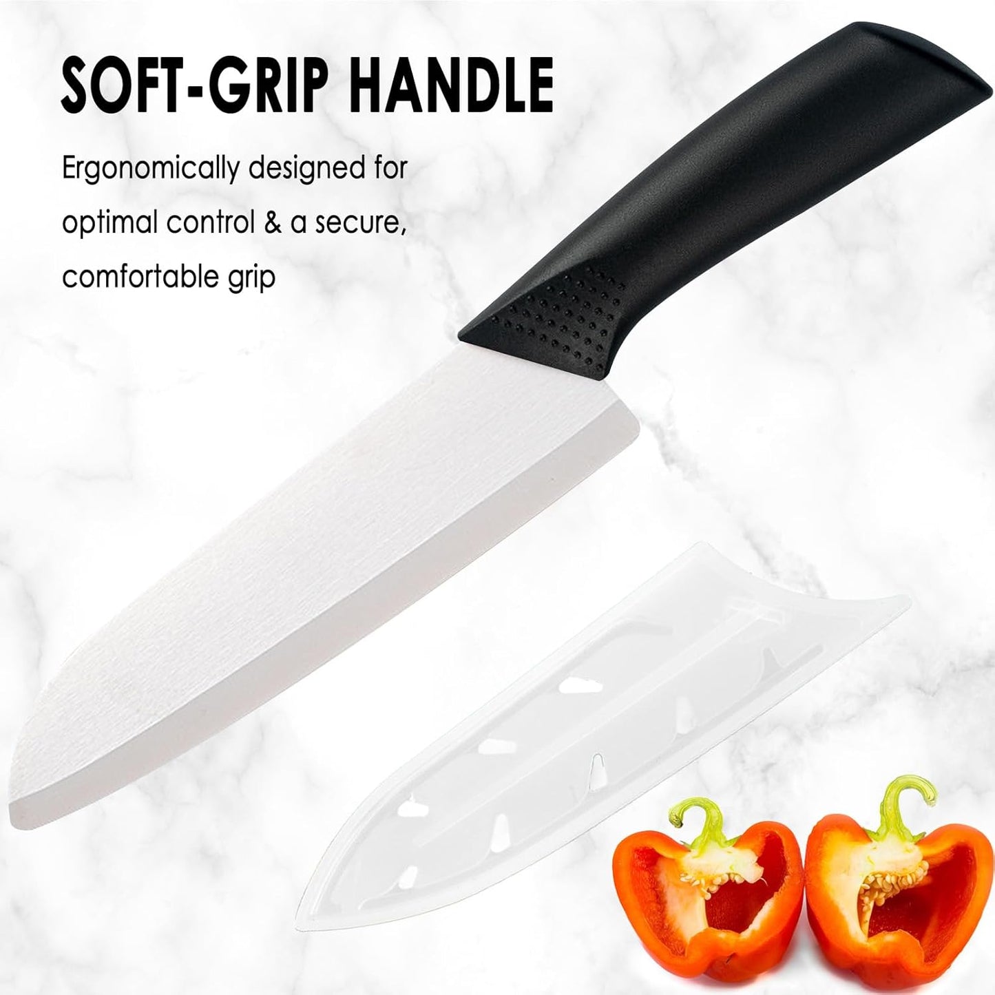 7" Japanese Ceramic Knife with Cover for Veges Fruit Proteins | Dishwasher Safe Light Precise Sharp Ceramic Knife, Multipurpose Kitchen Chef's Santoku Knife, Soft Grip, Metal-free