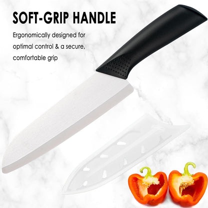 7" Japanese Ceramic Knife with Cover for Veges Fruit Proteins | Dishwasher Safe Light Precise Sharp Ceramic Knife, Multipurpose Kitchen Chef's Santoku Knife, Soft Grip, Metal-free