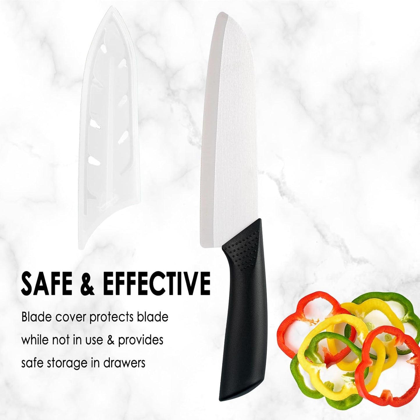 7" Japanese Ceramic Knife with Cover for Veges Fruit Proteins | Dishwasher Safe Light Precise Sharp Ceramic Knife, Multipurpose Kitchen Chef's Santoku Knife, Soft Grip, Metal-free