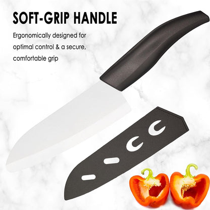 7" Japanese Ceramic Knife with Cover for Veges Fruit Proteins | Dishwasher Safe Light Precise Sharp Ceramic Knife, Multipurpose Kitchen Chef's Santoku Knife, Soft Grip, Metal-free