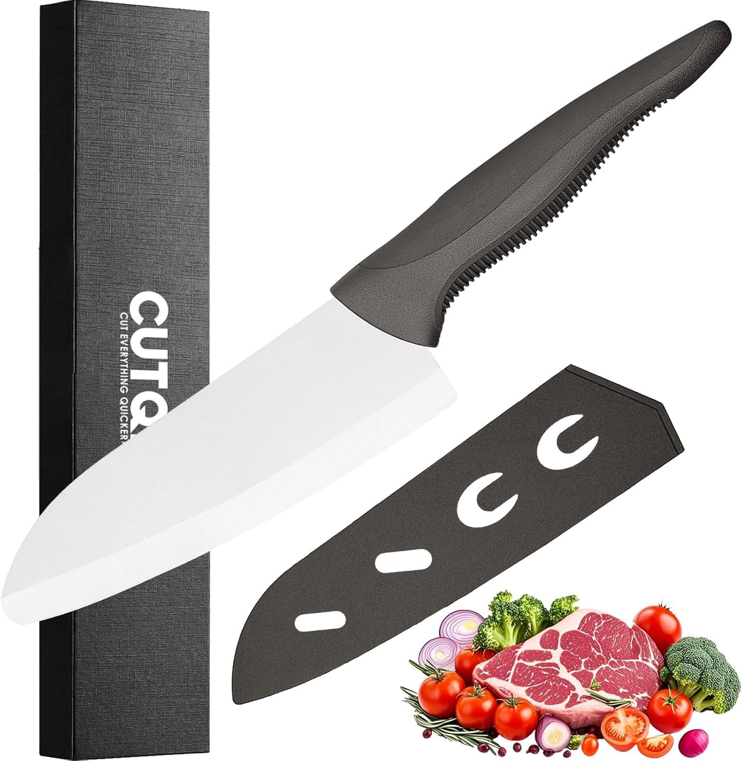 7" Japanese Ceramic Knife with Cover for Veges Fruit Proteins | Dishwasher Safe Light Precise Sharp Ceramic Knife, Multipurpose Kitchen Chef's Santoku Knife, Soft Grip, Metal-free
