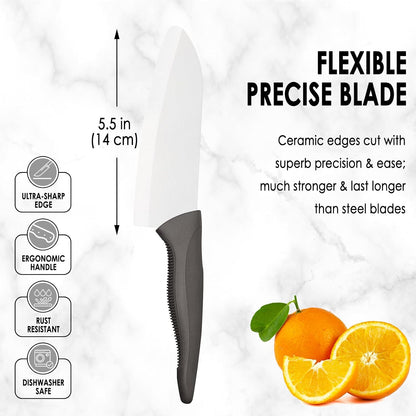 7" Japanese Ceramic Knife with Cover for Veges Fruit Proteins | Dishwasher Safe Light Precise Sharp Ceramic Knife, Multipurpose Kitchen Chef's Santoku Knife, Soft Grip, Metal-free