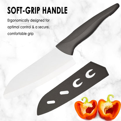 7" Japanese Ceramic Knife with Cover for Veges Fruit Proteins | Dishwasher Safe Light Precise Sharp Ceramic Knife, Multipurpose Kitchen Chef's Santoku Knife, Soft Grip, Metal-free