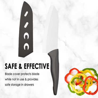 7" Japanese Ceramic Knife with Cover for Veges Fruit Proteins | Dishwasher Safe Light Precise Sharp Ceramic Knife, Multipurpose Kitchen Chef's Santoku Knife, Soft Grip, Metal-free