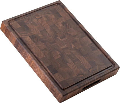 End Grain Cutting Board, Black Walnut Wood, 2" Thick Dual-Sided Wooden Chopping Board with Juice Groove & Handle - Idea for meat cutting, vegetable dicing, and fruit processing, 16 x 12 inch