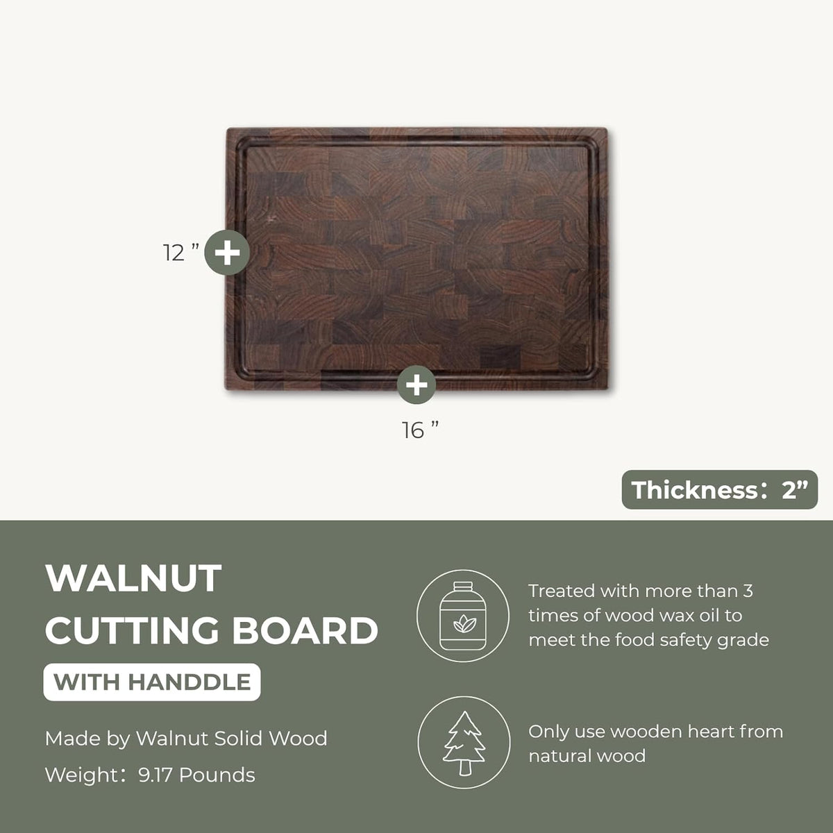 End Grain Cutting Board, Black Walnut Wood, 2" Thick Dual-Sided Wooden Chopping Board with Juice Groove & Handle - Idea for meat cutting, vegetable dicing, and fruit processing, 16 x 12 inch