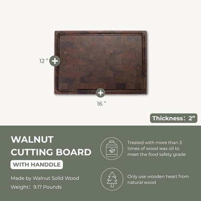 End Grain Cutting Board, Black Walnut Wood, 2" Thick Dual-Sided Wooden Chopping Board with Juice Groove & Handle - Idea for meat cutting, vegetable dicing, and fruit processing, 16 x 12 inch