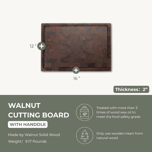 End Grain Cutting Board, Black Walnut Wood, 2" Thick Dual-Sided Wooden Chopping Board with Juice Groove & Handle - Idea for meat cutting, vegetable dicing, and fruit processing, 16 x 12 inch