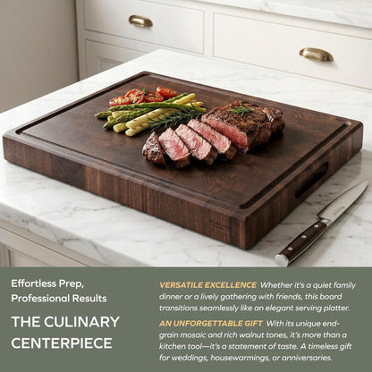 End Grain Cutting Board, Black Walnut Wood, 2" Thick Dual-Sided Wooden Chopping Board with Juice Groove & Handle - Idea for meat cutting, vegetable dicing, and fruit processing, 16 x 12 inch