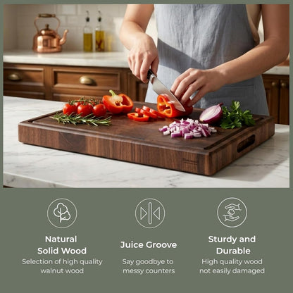 End Grain Cutting Board, Black Walnut Wood, 2" Thick Dual-Sided Wooden Chopping Board with Juice Groove & Handle - Idea for meat cutting, vegetable dicing, and fruit processing, 16 x 12 inch