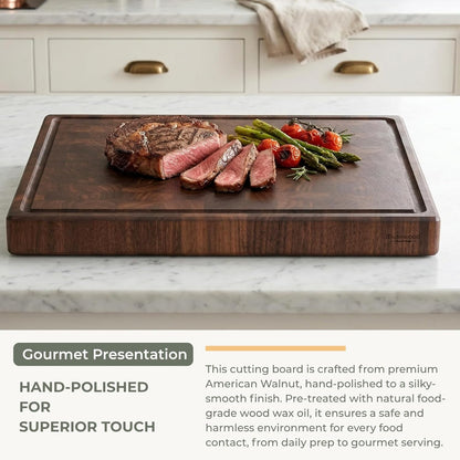 End Grain Cutting Board, Black Walnut Wood, 2" Thick Dual-Sided Wooden Chopping Board with Juice Groove & Handle - Idea for meat cutting, vegetable dicing, and fruit processing, 16 x 12 inch