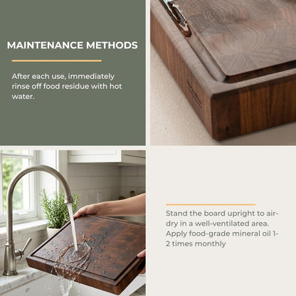 End Grain Cutting Board, Black Walnut Wood, 2" Thick Dual-Sided Wooden Chopping Board with Juice Groove & Handle - Idea for meat cutting, vegetable dicing, and fruit processing, 16 x 12 inch