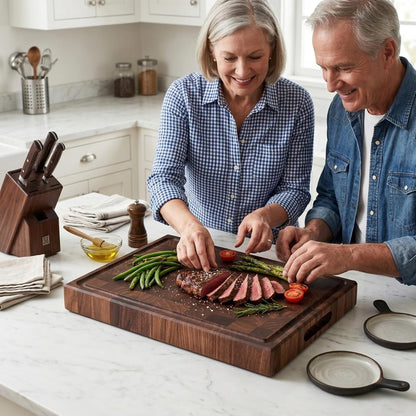 End Grain Cutting Board, Black Walnut Wood, 2" Thick Dual-Sided Wooden Chopping Board with Juice Groove & Handle - Idea for meat cutting, vegetable dicing, and fruit processing, 16 x 12 inch