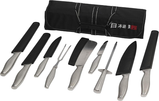 Japanese Style Premium Stainless Steel 9 Piece Chefs Knife Set with Protective Sheaths in Canvas Carry Case
