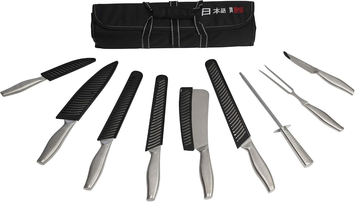 Japanese Style Premium Stainless Steel 9 Piece Chefs Knife Set with Protective Sheaths in Canvas Carry Case