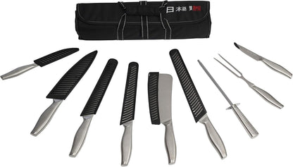 Japanese Style Premium Stainless Steel 9 Piece Chefs Knife Set with Protective Sheaths in Canvas Carry Case