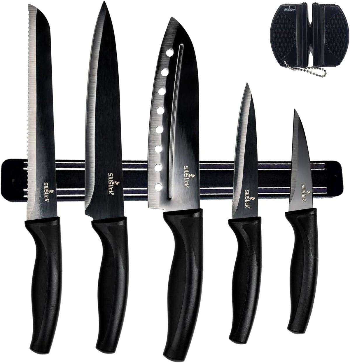 Kitchen Knife Set Kit, 5 Dishwasher Safe Colorful Knives, Knife Sharpener & Magnetic Wall Bar, Titanium Non Stick Plating Stainless Steel