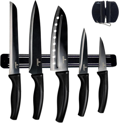 Kitchen Knife Set Kit, 5 Dishwasher Safe Colorful Knives, Knife Sharpener & Magnetic Wall Bar, Titanium Non Stick Plating Stainless Steel