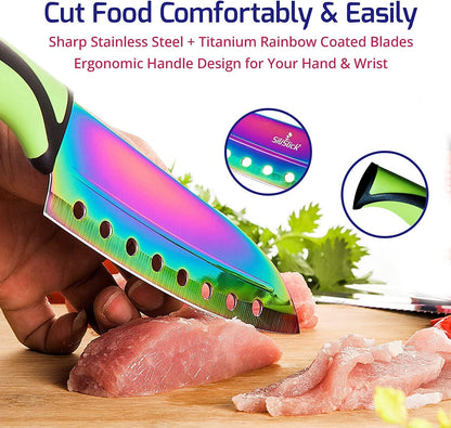 Kitchen Knife Set Kit, 5 Dishwasher Safe Colorful Knives, Knife Sharpener & Magnetic Wall Bar, Titanium Non Stick Plating Stainless Steel