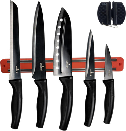Kitchen Knife Set Kit, 5 Dishwasher Safe Colorful Knives, Knife Sharpener & Magnetic Wall Bar, Titanium Non Stick Plating Stainless Steel