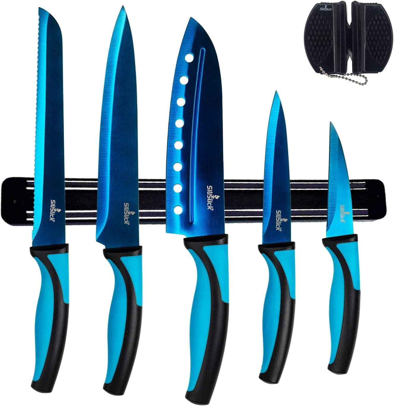 Kitchen Knife Set Kit, 5 Dishwasher Safe Colorful Knives, Knife Sharpener & Magnetic Wall Bar, Titanium Non Stick Plating Stainless Steel