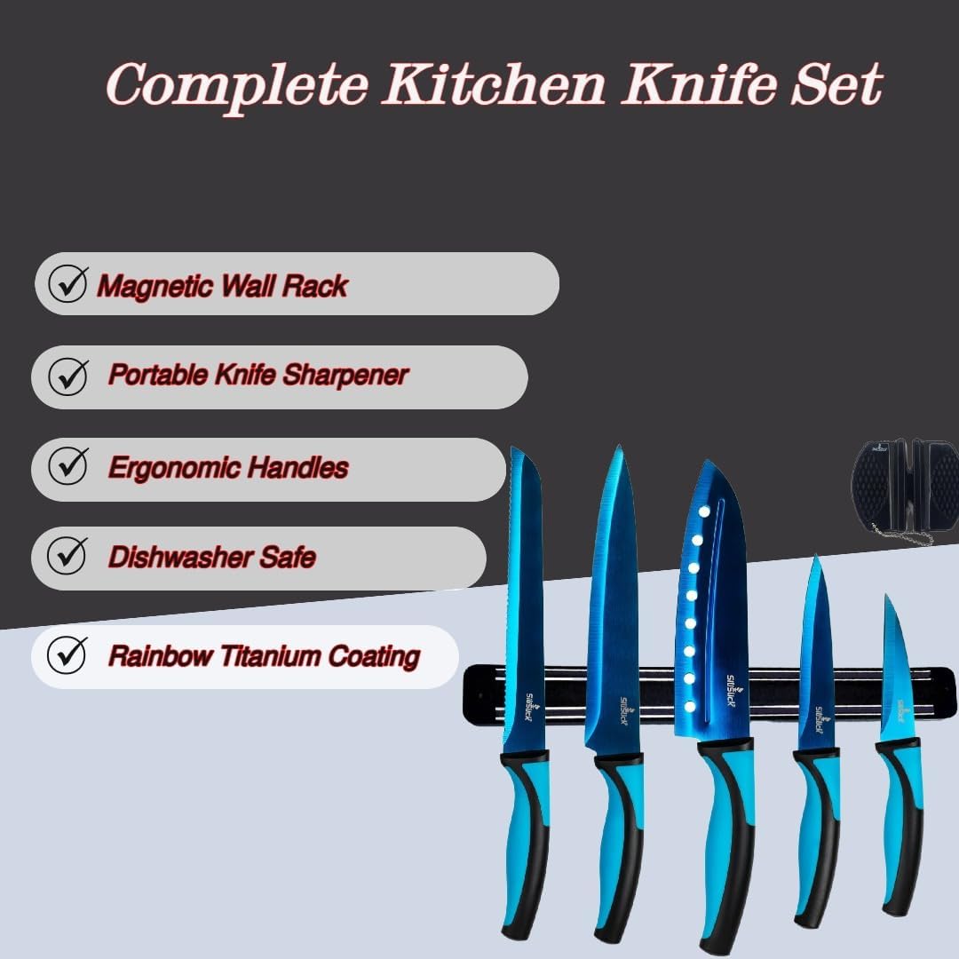 Kitchen Knife Set Kit, 5 Dishwasher Safe Colorful Knives, Knife Sharpener & Magnetic Wall Bar, Titanium Non Stick Plating Stainless Steel