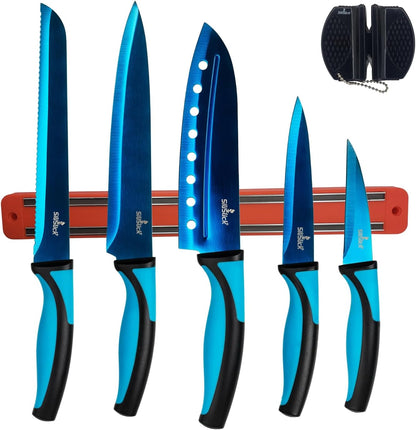 Kitchen Knife Set Kit, 5 Dishwasher Safe Colorful Knives, Knife Sharpener & Magnetic Wall Bar, Titanium Non Stick Plating Stainless Steel