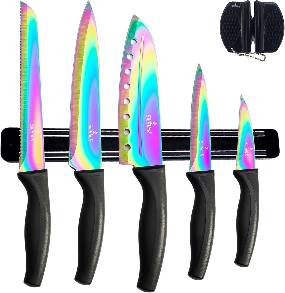 Kitchen Knife Set Kit, 5 Dishwasher Safe Colorful Knives, Knife Sharpener & Magnetic Wall Bar, Titanium Non Stick Plating Stainless Steel