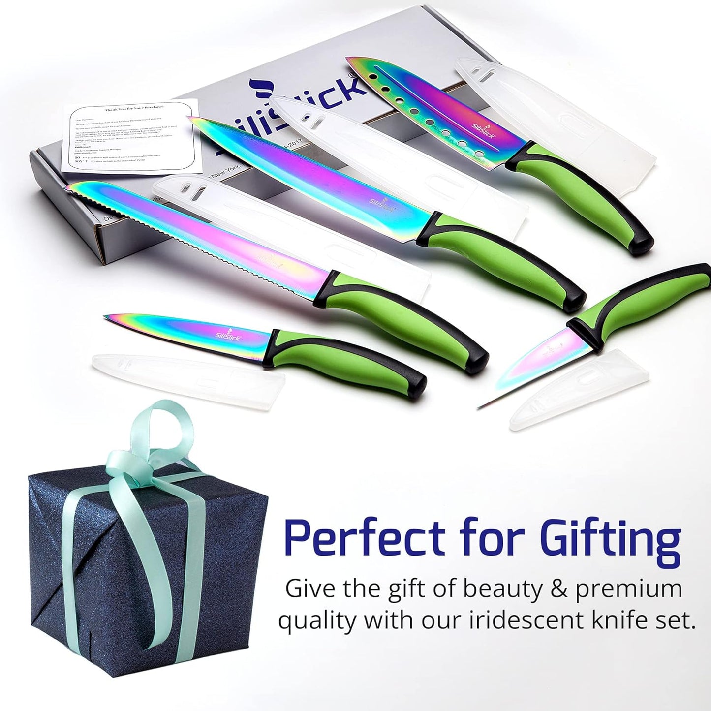 Kitchen Knife Set Kit, 5 Dishwasher Safe Colorful Knives, Knife Sharpener & Magnetic Wall Bar, Titanium Non Stick Plating Stainless Steel