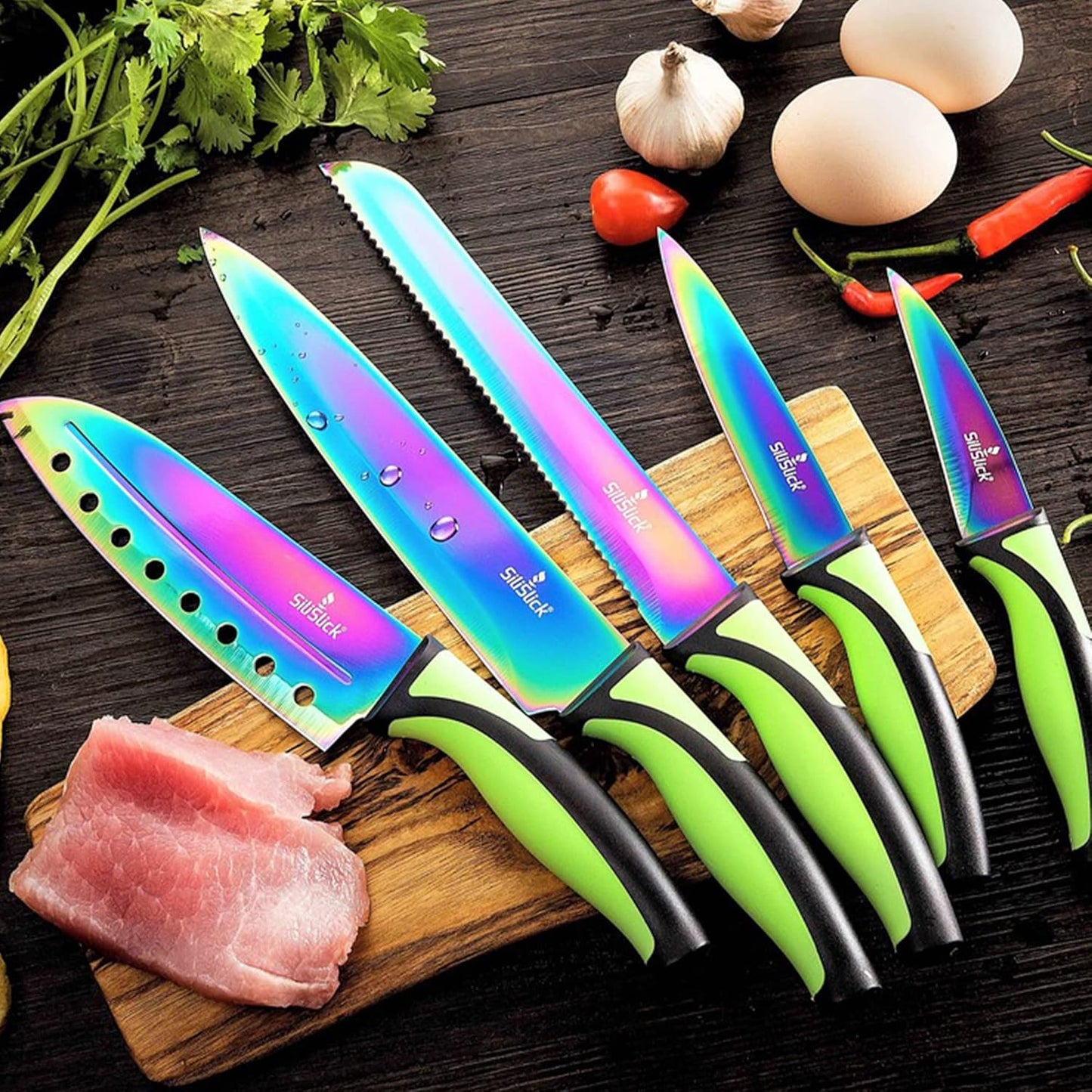 Kitchen Knife Set Kit, 5 Dishwasher Safe Colorful Knives, Knife Sharpener & Magnetic Wall Bar, Titanium Non Stick Plating Stainless Steel