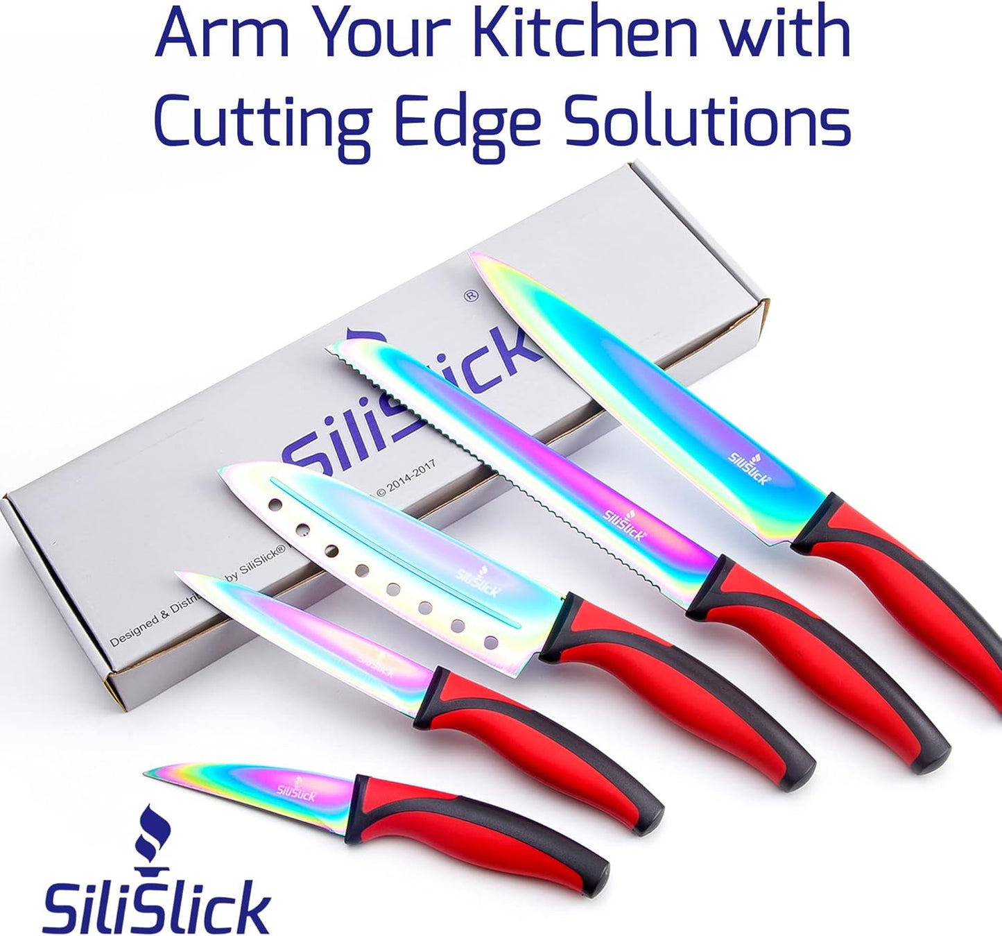 Kitchen Knife Set Kit, 5 Dishwasher Safe Colorful Knives, Knife Sharpener & Magnetic Wall Bar, Titanium Non Stick Plating Stainless Steel