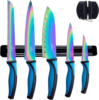 Kitchen Knife Set Kit, 5 Dishwasher Safe Colorful Knives, Knife Sharpener & Magnetic Wall Bar, Titanium Non Stick Plating Stainless Steel