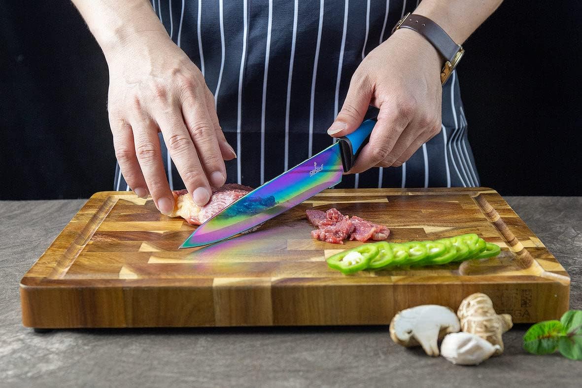 Kitchen Knife Set Kit, 5 Dishwasher Safe Colorful Knives, Knife Sharpener & Magnetic Wall Bar, Titanium Non Stick Plating Stainless Steel