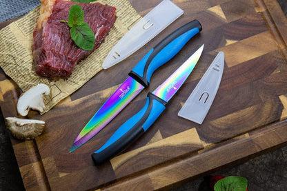 Kitchen Knife Set Kit, 5 Dishwasher Safe Colorful Knives, Knife Sharpener & Magnetic Wall Bar, Titanium Non Stick Plating Stainless Steel