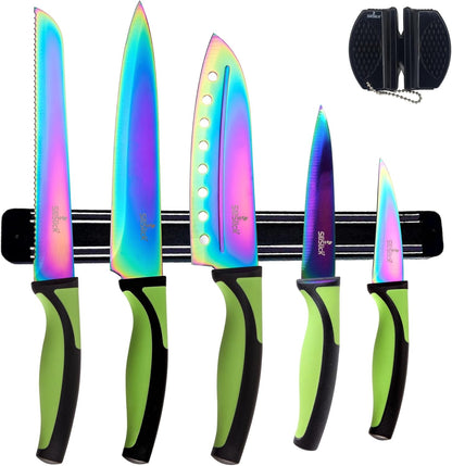 Kitchen Knife Set Kit, 5 Dishwasher Safe Colorful Knives, Knife Sharpener & Magnetic Wall Bar, Titanium Non Stick Plating Stainless Steel