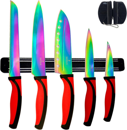 Kitchen Knife Set Kit, 5 Dishwasher Safe Colorful Knives, Knife Sharpener & Magnetic Wall Bar, Titanium Non Stick Plating Stainless Steel