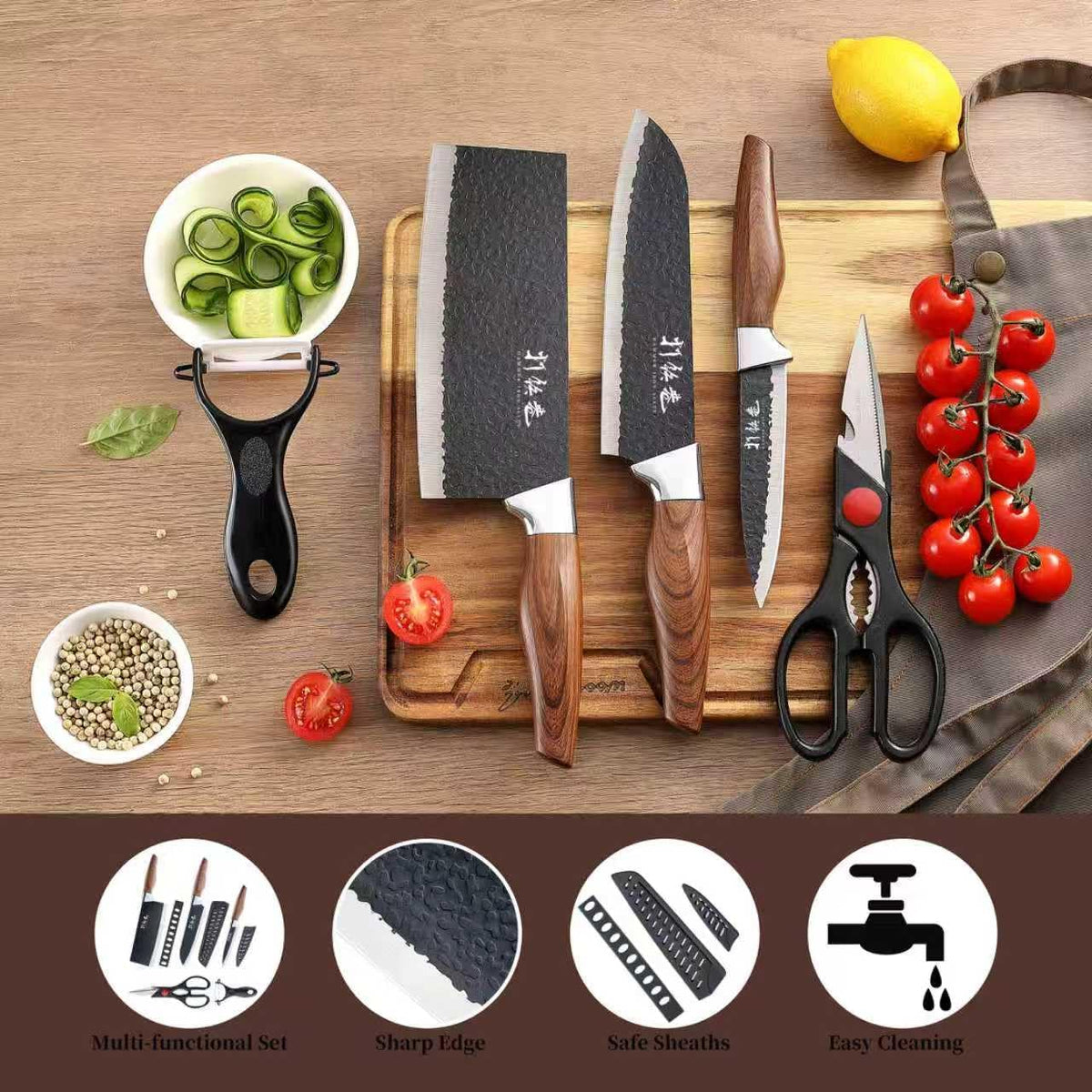 5 PCS kitchen Chef Knife Set, include 7 inch cleaver, 7 inch Santoku, 4.5 inch utility knife, Kitchen Scissors and Peeler